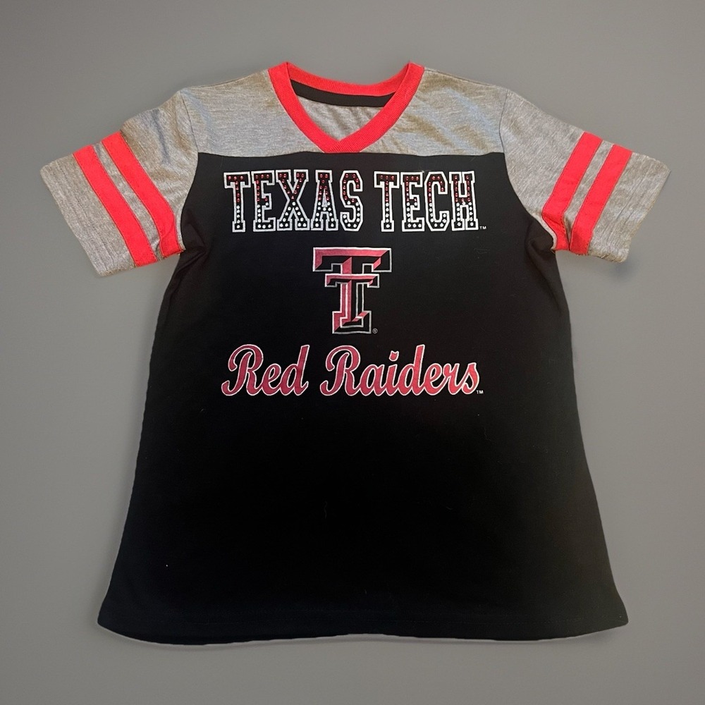 NWT Colosseum Texas Tech  Raiders Girl Youth M(7-8) V-Neck T-Shirt W/Rhinestones